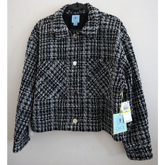 CeCe 7062502-060 Women Sz M Black Dazzling Charm Short Length Tweed Shacket - Picture 1 of 9